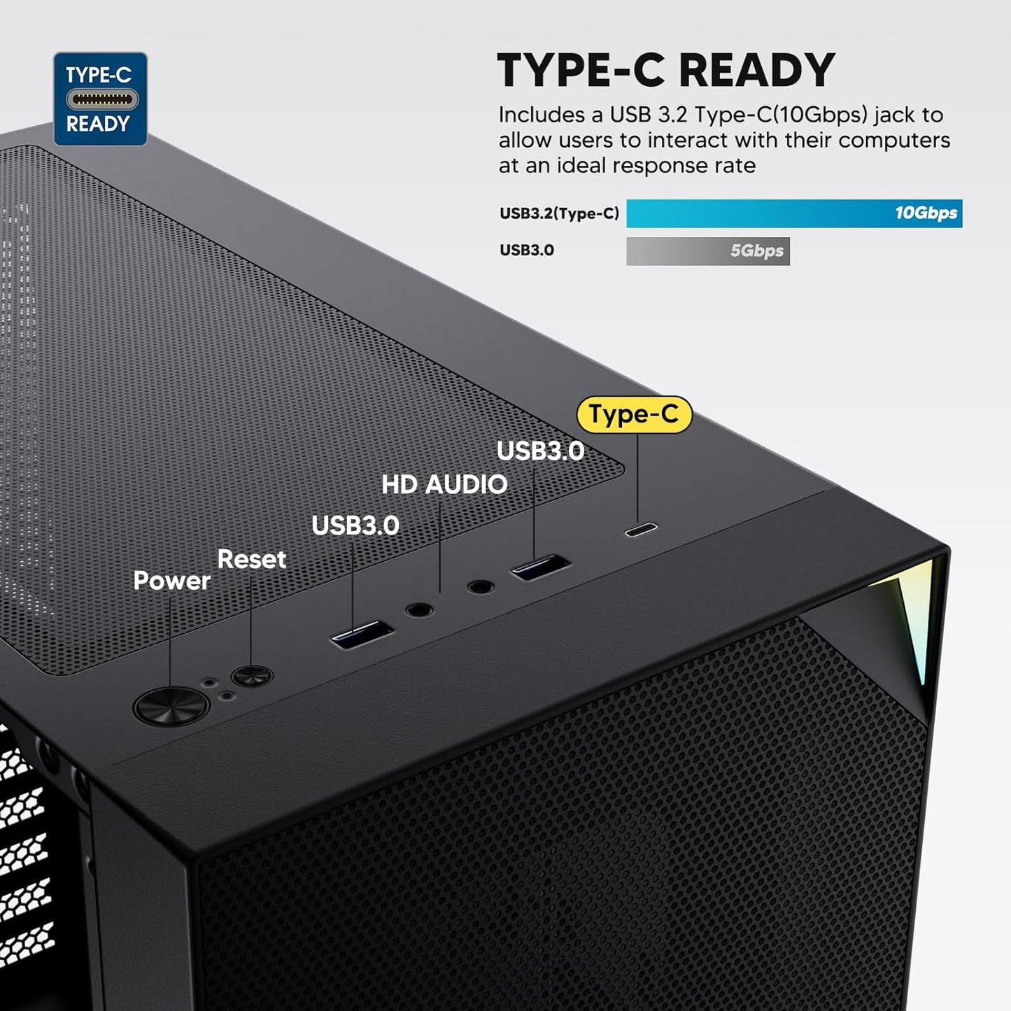 AL800 Mid Tower ATX PC Computer Case - Door Opening Design Tempered Glass, Adjustable LED Strip, Pre-Installed ARGB & PWM FDB Fan in Rear, Support for 50 Series Gpus - Black