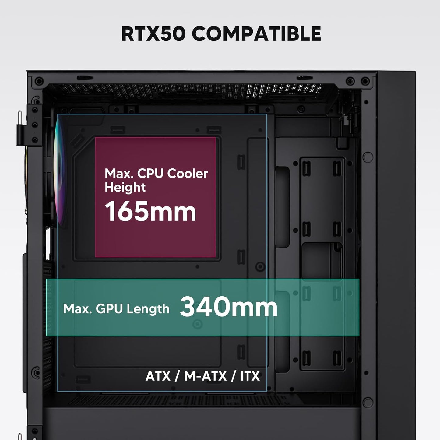 AL800 Mid Tower ATX PC Computer Case - Door Opening Design Tempered Glass, Adjustable LED Strip, Pre-Installed ARGB & PWM FDB Fan in Rear, Support for 50 Series Gpus - Black