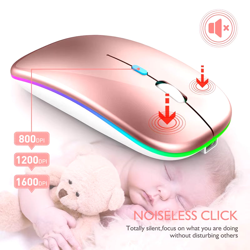 Rechargeable Bluetooth Wireless Mouse - Silent, LED Backlit, 1600DPI Gaming Mouse for PC & Laptop