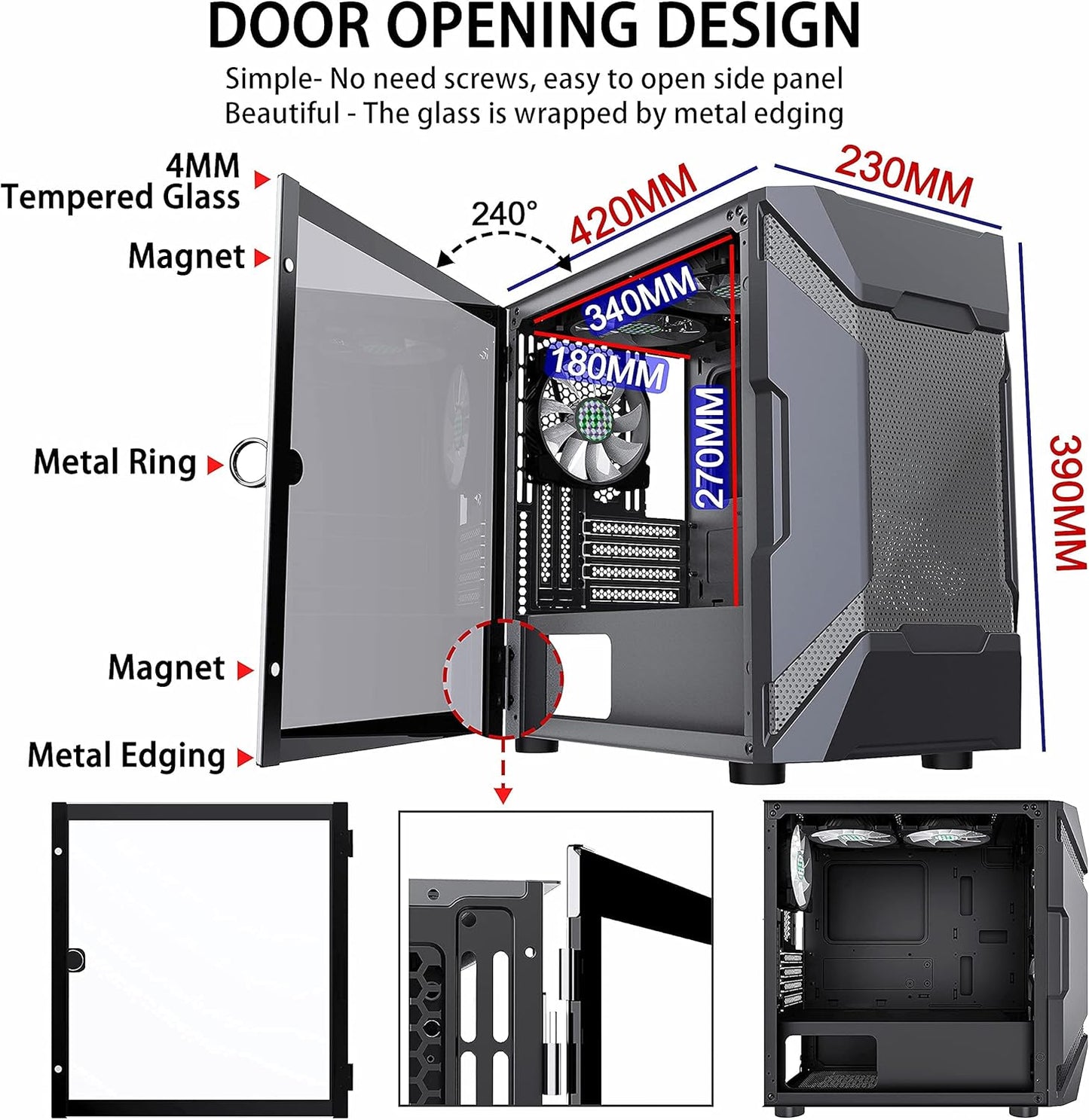 MATX (Micro-Atx) Tower Computer Case 3 PCS 120MM ARGB Fans + 1X 200MM ARGB Fan Pre-Installed, Opening Tempered Glass Panel & Mesh Front Panel Airflow Gaming PC Case (MK7-GN4)
