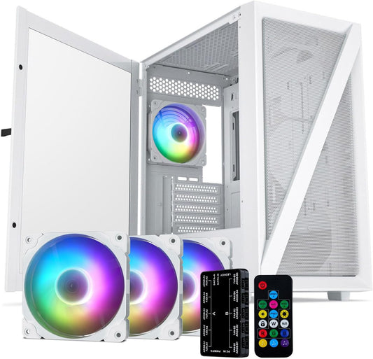 M05 Micro ATX Computer PC Case with Door Open Tempered Glass Side Panel & Mesh Front Panel, Support 240Mm Radiator, 4Pcs 120Mm Addressable RGB Fans, Type-C Port - White