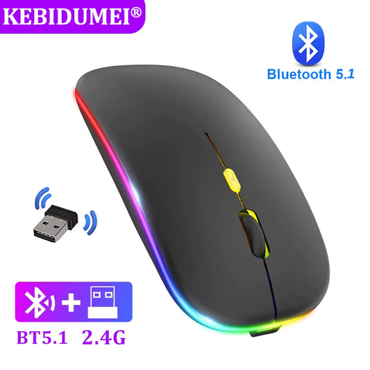 Rechargeable Bluetooth Wireless Mouse - Silent, LED Backlit, 1600DPI Gaming Mouse for PC & Laptop