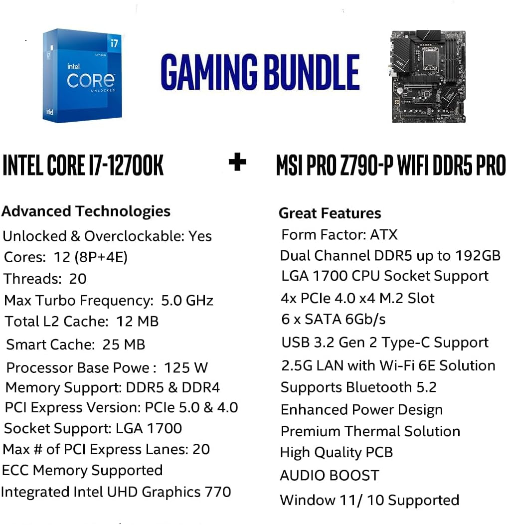 CPU Motherboard Intel Core I7-12700K 12(8P+4E) Cores up to 5.0 Ghz Unlocked LGA 1700 Desktop Processor with Integrated Graphics plus MSI PRO Z790-P Wifi DDR5 Proseries Motherboard