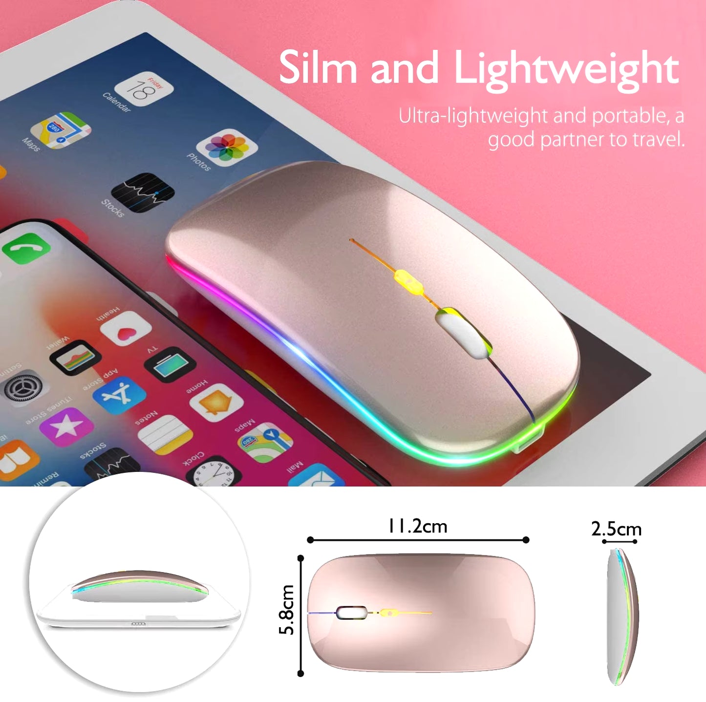 Rechargeable Bluetooth Wireless Mouse - Silent, LED Backlit, 1600DPI Gaming Mouse for PC & Laptop