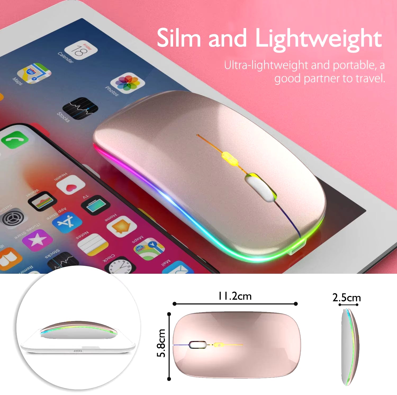 Rechargeable Bluetooth Wireless Mouse - Silent, LED Backlit, 1600DPI Gaming Mouse for PC & Laptop