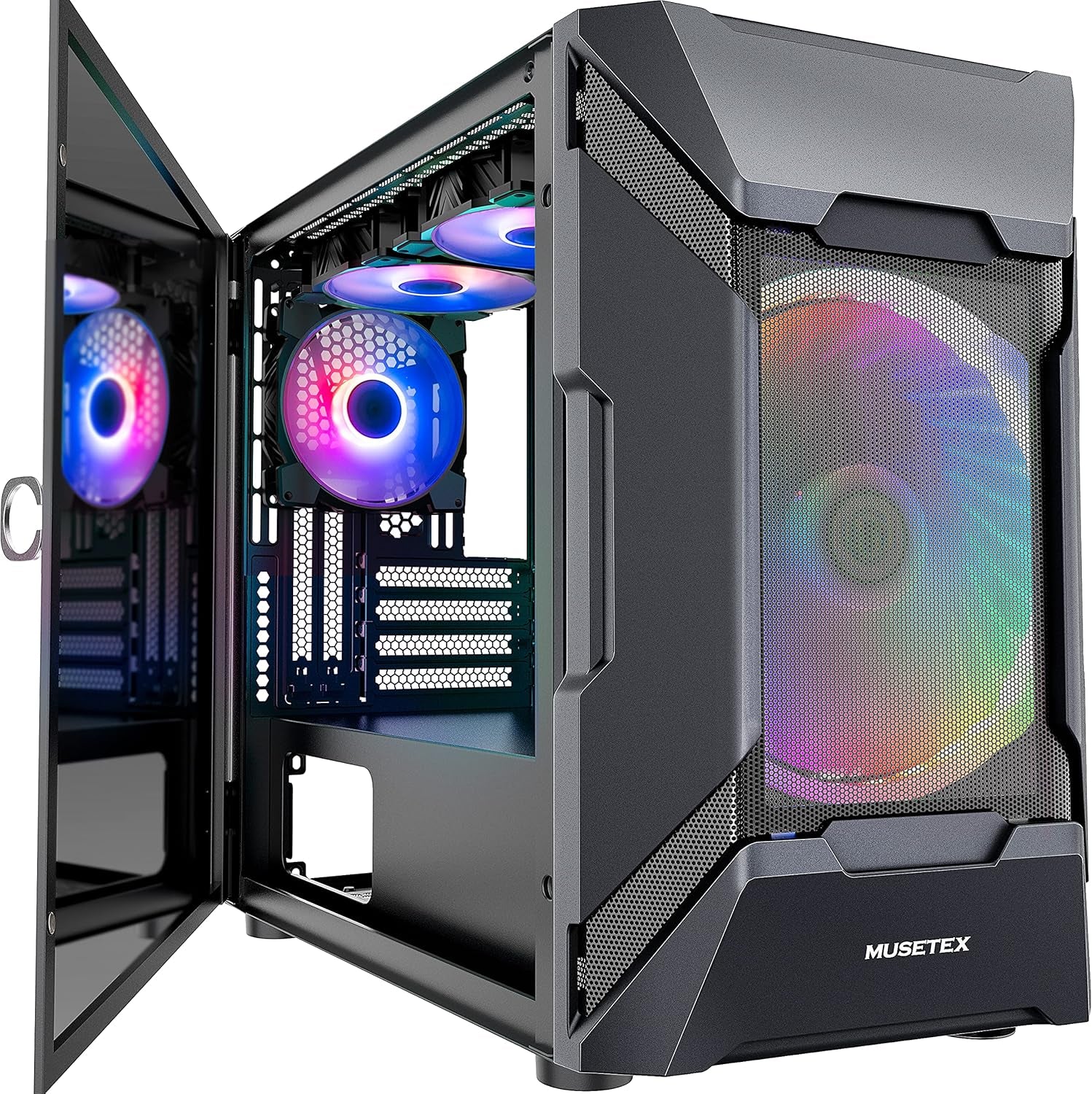 MATX (Micro-Atx) Tower Computer Case 3 PCS 120MM ARGB Fans + 1X 200MM ARGB Fan Pre-Installed, Opening Tempered Glass Panel & Mesh Front Panel Airflow Gaming PC Case (MK7-GN4)