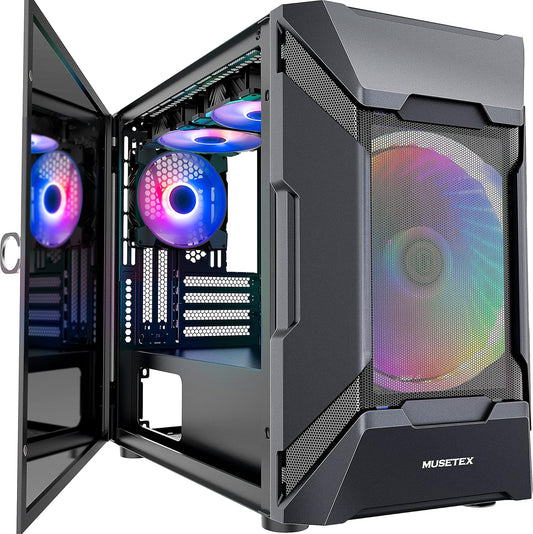 MATX (Micro-Atx) Tower Computer Case 3 PCS 120MM ARGB Fans + 1X 200MM ARGB Fan Pre-Installed, Opening Tempered Glass Panel & Mesh Front Panel Airflow Gaming PC Case (MK7-GN4)