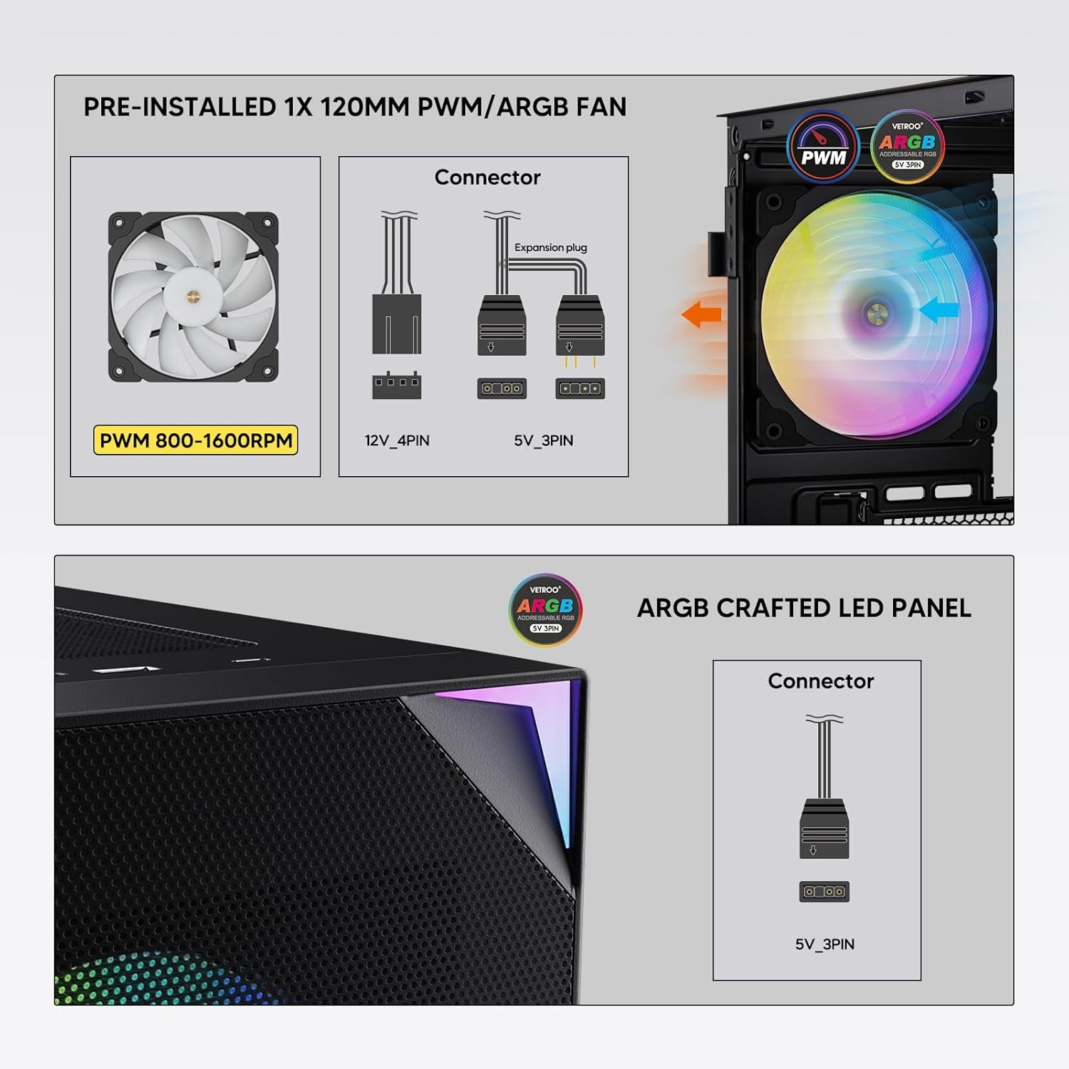 AL800 Mid Tower ATX PC Computer Case - Door Opening Design Tempered Glass, Adjustable LED Strip, Pre-Installed ARGB & PWM FDB Fan in Rear, Support for 50 Series Gpus - Black