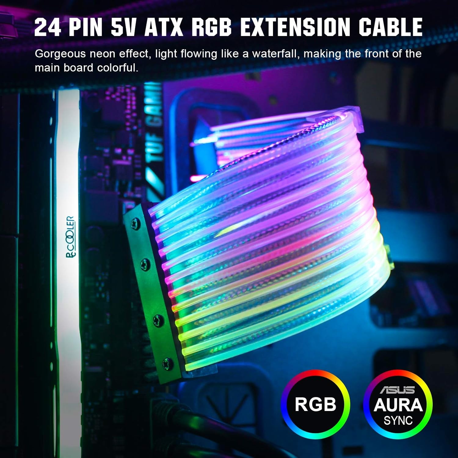 Power Supply Sleeved Cable,  Customization 24 Pin ATX RGB Cable Extension Kit 18AWG, 5V 3Pin Synchronized Sleeved Cable for RGB Software from All Major Motherboard Cable Management