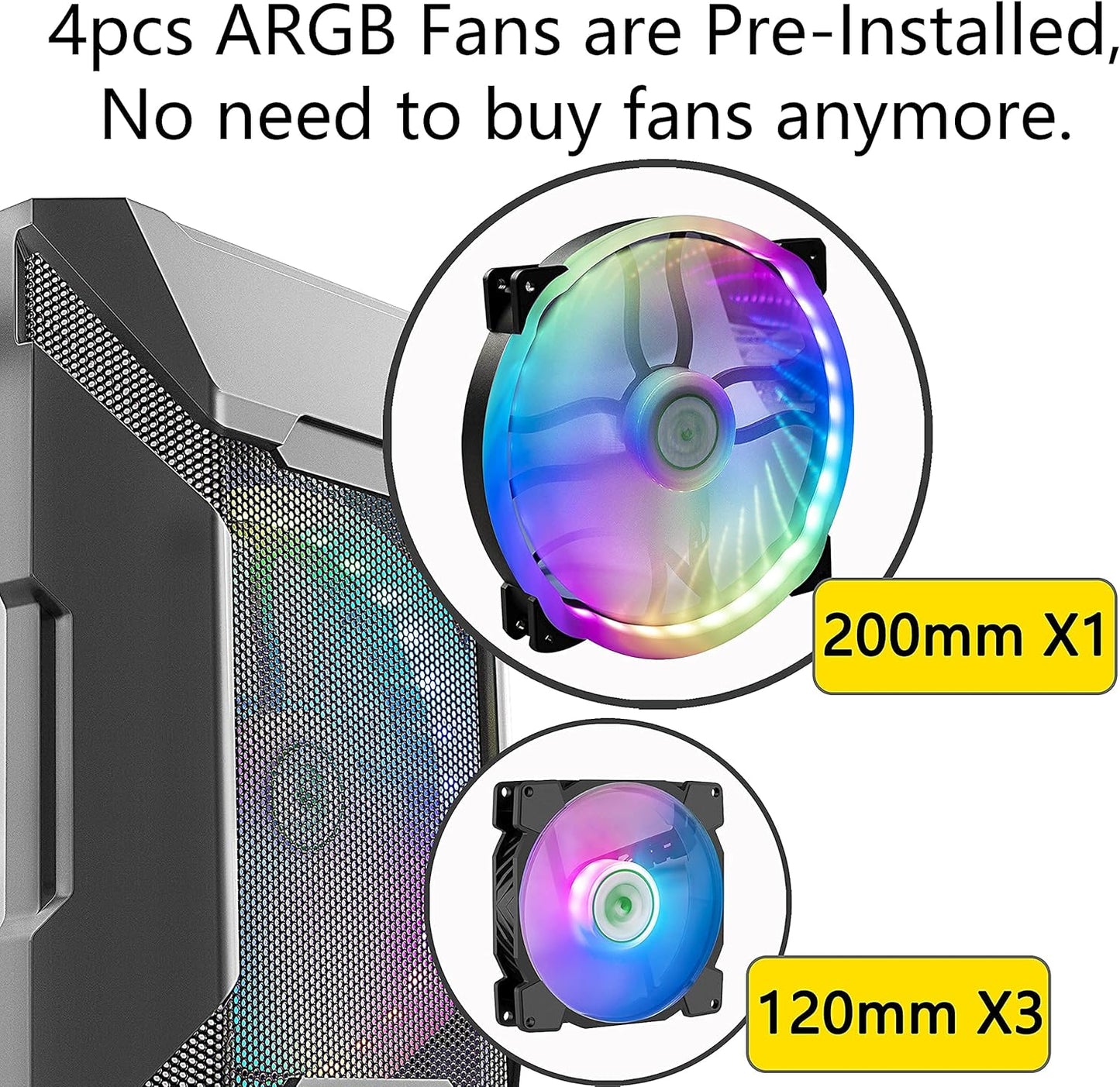 MATX (Micro-Atx) Tower Computer Case 3 PCS 120MM ARGB Fans + 1X 200MM ARGB Fan Pre-Installed, Opening Tempered Glass Panel & Mesh Front Panel Airflow Gaming PC Case (MK7-GN4)