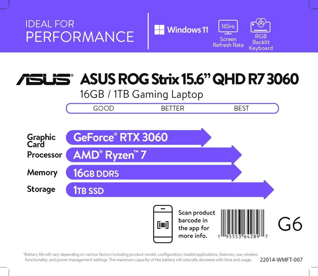 ROG R7 3060 Laptop;  ROG Strix G15 15.6" WQHD, AMD Ryzen 7 6800H, NVIDIA Geforce RTX 3060 Graphics, 16GB RAM, 1TB SSD, Eclipse Gray, Windows 11 Home, G513RM-WS74