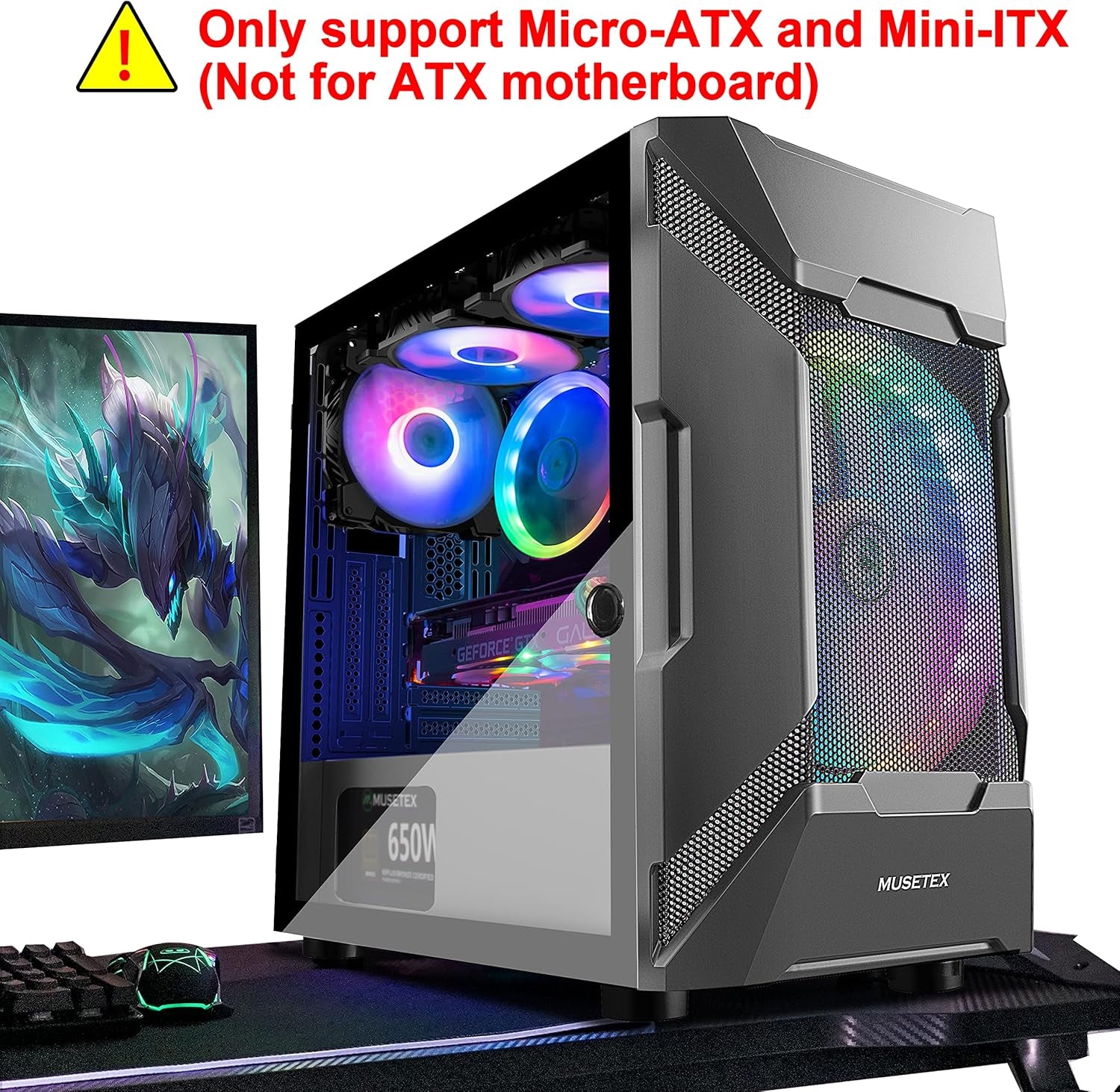 MATX (Micro-Atx) Tower Computer Case 3 PCS 120MM ARGB Fans + 1X 200MM ARGB Fan Pre-Installed, Opening Tempered Glass Panel & Mesh Front Panel Airflow Gaming PC Case (MK7-GN4)