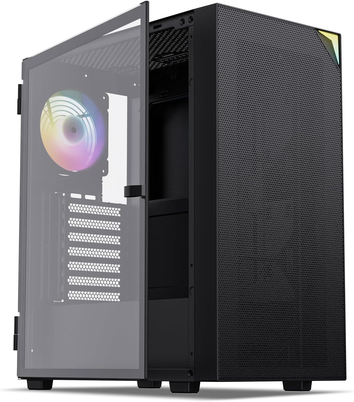 AL800 Mid Tower ATX PC Computer Case - Door Opening Design Tempered Glass, Adjustable LED Strip, Pre-Installed ARGB & PWM FDB Fan in Rear, Support for 50 Series Gpus - Black