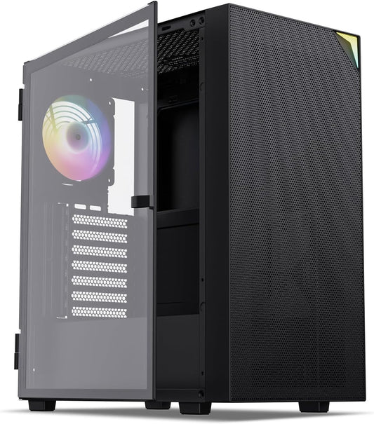 AL800 Mid Tower ATX PC Computer Case - Door Opening Design Tempered Glass, Adjustable LED Strip, Pre-Installed ARGB & PWM FDB Fan in Rear, Support for 50 Series Gpus - Black