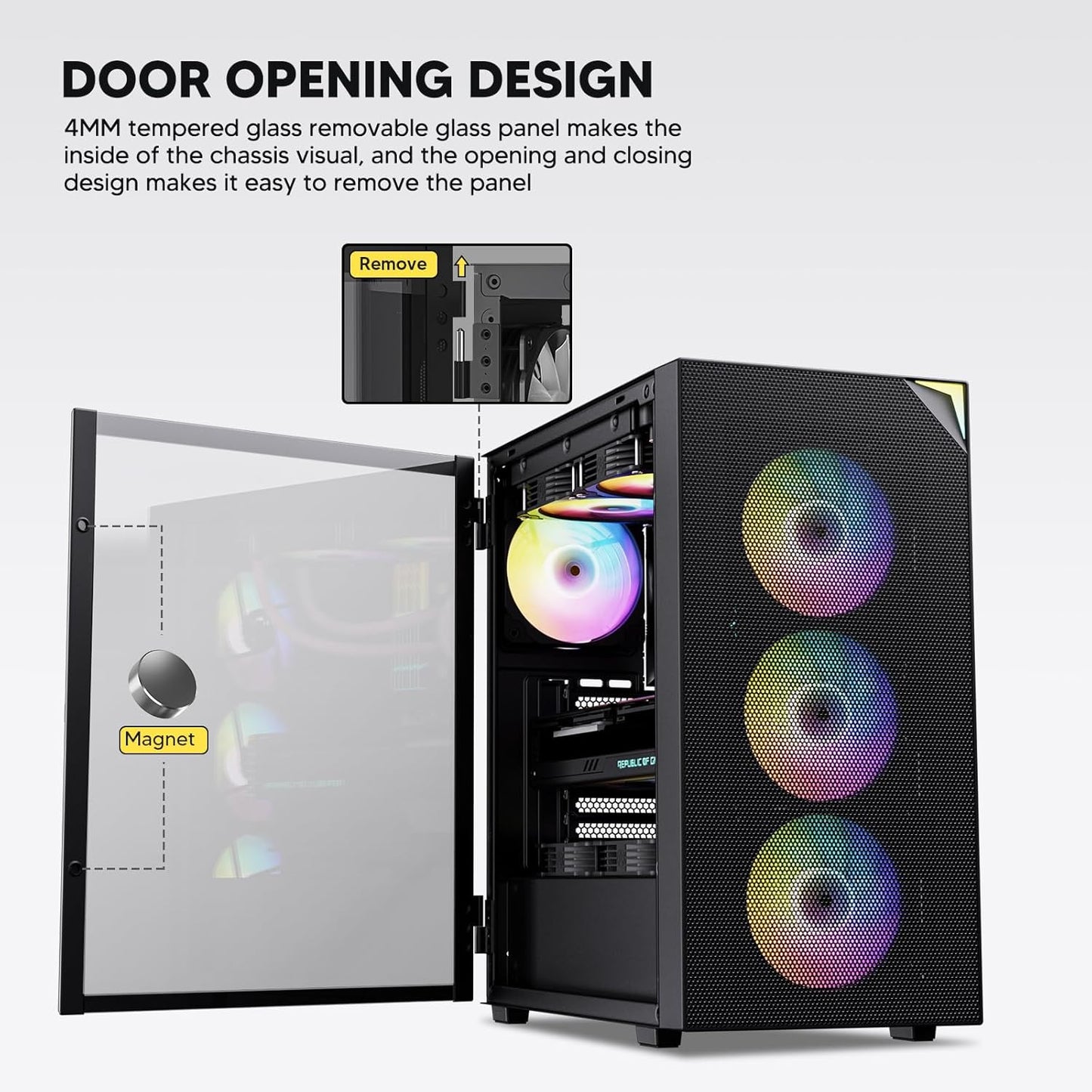 AL800 Mid Tower ATX PC Computer Case - Door Opening Design Tempered Glass, Adjustable LED Strip, Pre-Installed ARGB & PWM FDB Fan in Rear, Support for 50 Series Gpus - Black