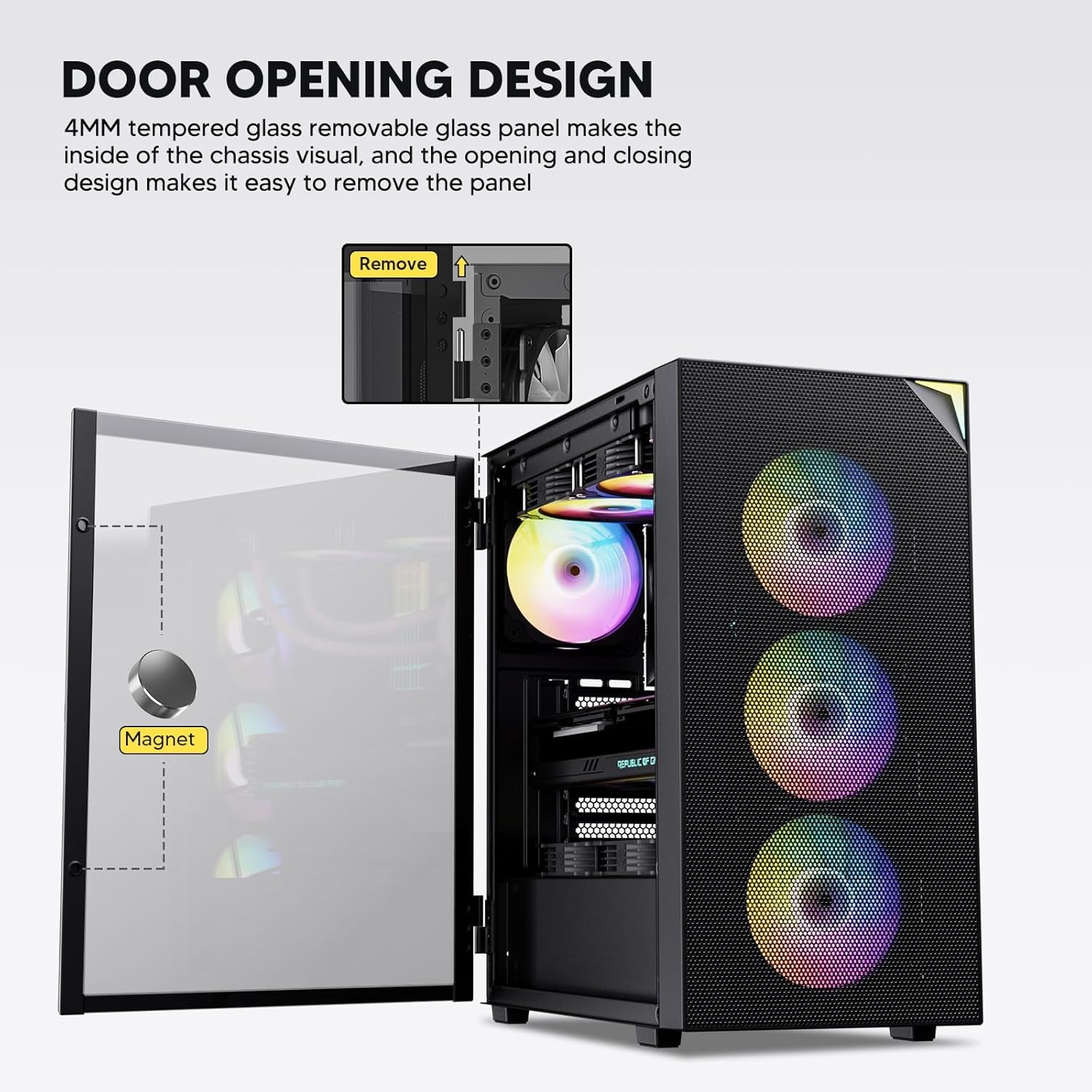 AL800 Mid Tower ATX PC Computer Case - Door Opening Design Tempered Glass, Adjustable LED Strip, Pre-Installed ARGB & PWM FDB Fan in Rear, Support for 50 Series Gpus - Black