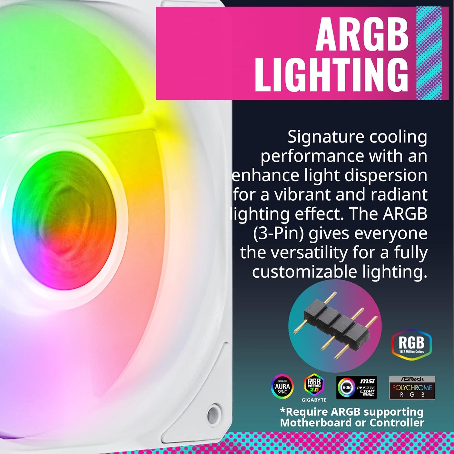 Sickleflow 120 V2 ARGB White Edition 3In1 Square Frame Fan, ARGB 3-Pin Customizable Leds, Air Balance Curve Blade, Sealed Bearing, 120Mm PWM Control for Computer Case & Liquid Radiator