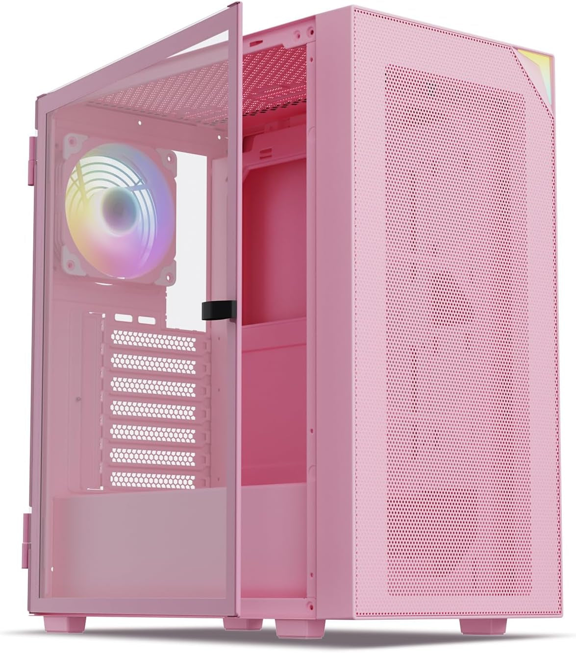 AL800 Mid Tower ATX PC Computer Case - Door Opening Design Tempered Glass, Adjustable LED Strip, Pre-Installed ARGB & PWM FDB Fan in Rear, Support for 50 Series Gpus - Black