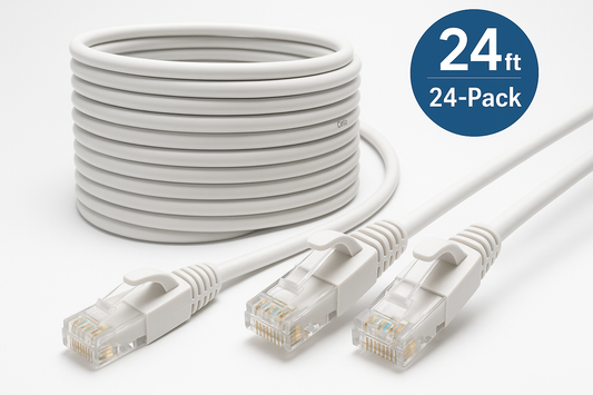 Cat 6 Ethernet Cable (24-Pack 7 Feet) Cat6 Network Patch, 10Gbps, RJ45, Snagless Cord, Gold-Plated Connectors, White