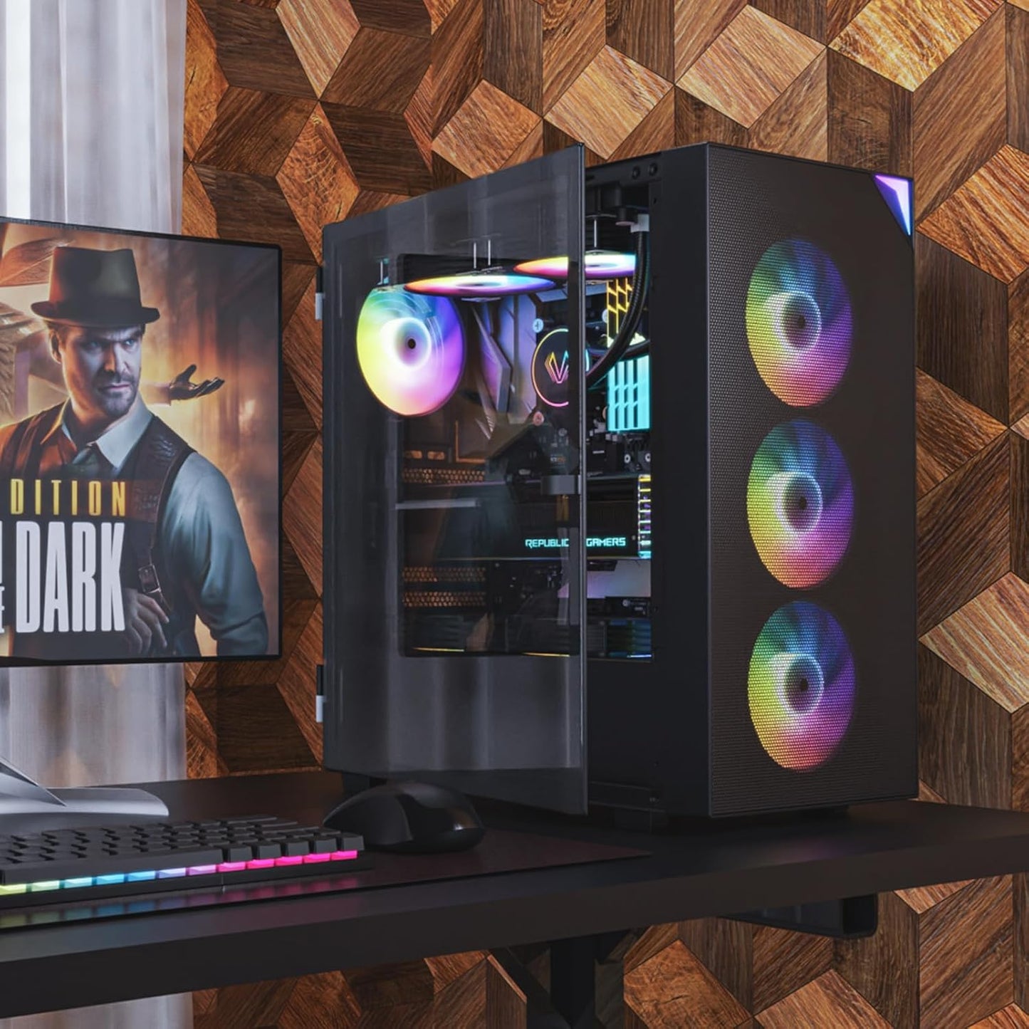 AL800 Mid Tower ATX PC Computer Case - Door Opening Design Tempered Glass, Adjustable LED Strip, Pre-Installed ARGB & PWM FDB Fan in Rear, Support for 50 Series Gpus - Black