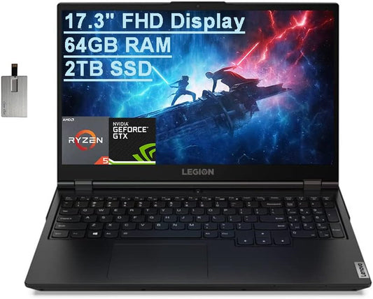 2021 Legion 5 17.3" FHD Gaming Laptop, AMD Ryzen 5-5600H(Beats Intel I7-9750H), 64GB RAM, 2TB Pcie SSD, NVIDIA Geforce GTX 1650, Nahimic 3D Audio, Win 11, Black, 32GB Snowbell USB Card