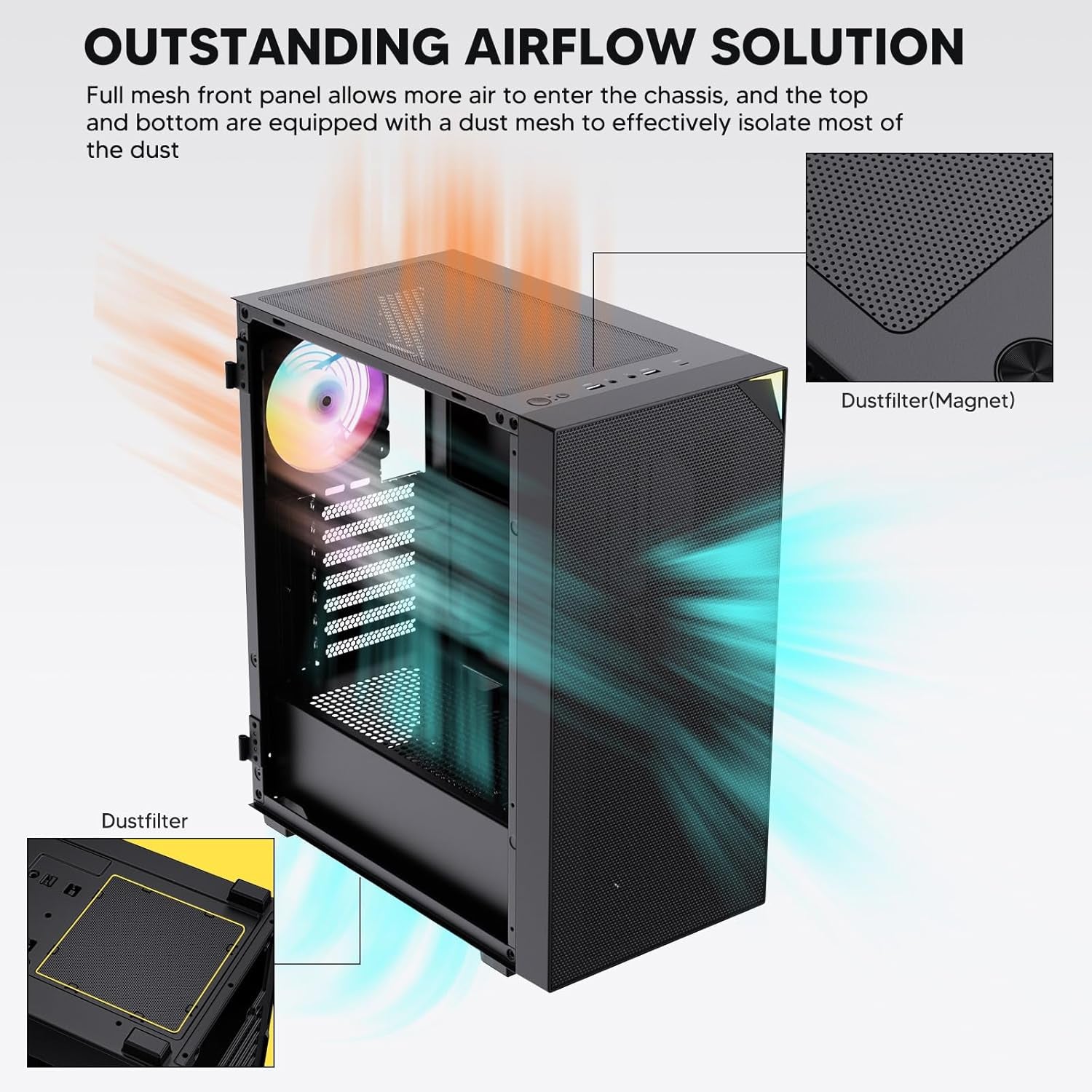 AL800 Mid Tower ATX PC Computer Case - Door Opening Design Tempered Glass, Adjustable LED Strip, Pre-Installed ARGB & PWM FDB Fan in Rear, Support for 50 Series Gpus - Black